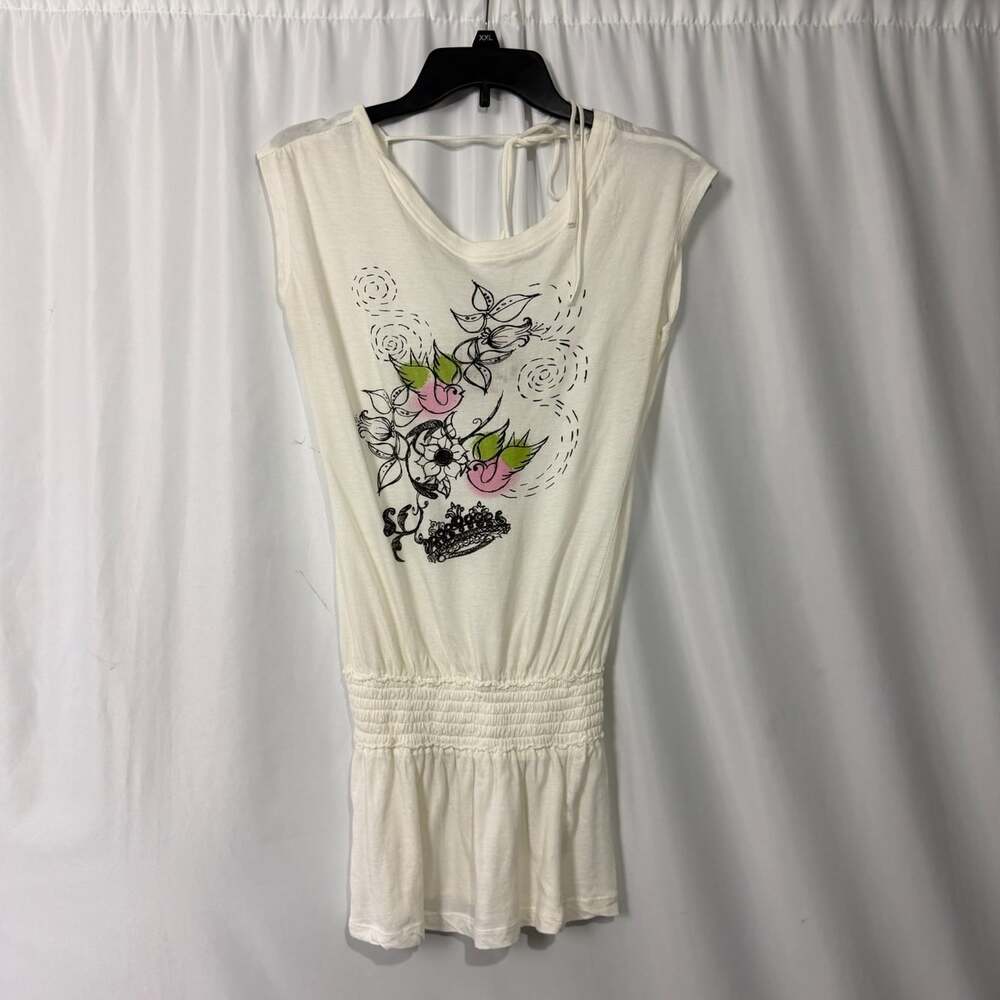 Anthropologie Sparrow Womens Top Small S White Graphic Bird Tunic Drop Waist